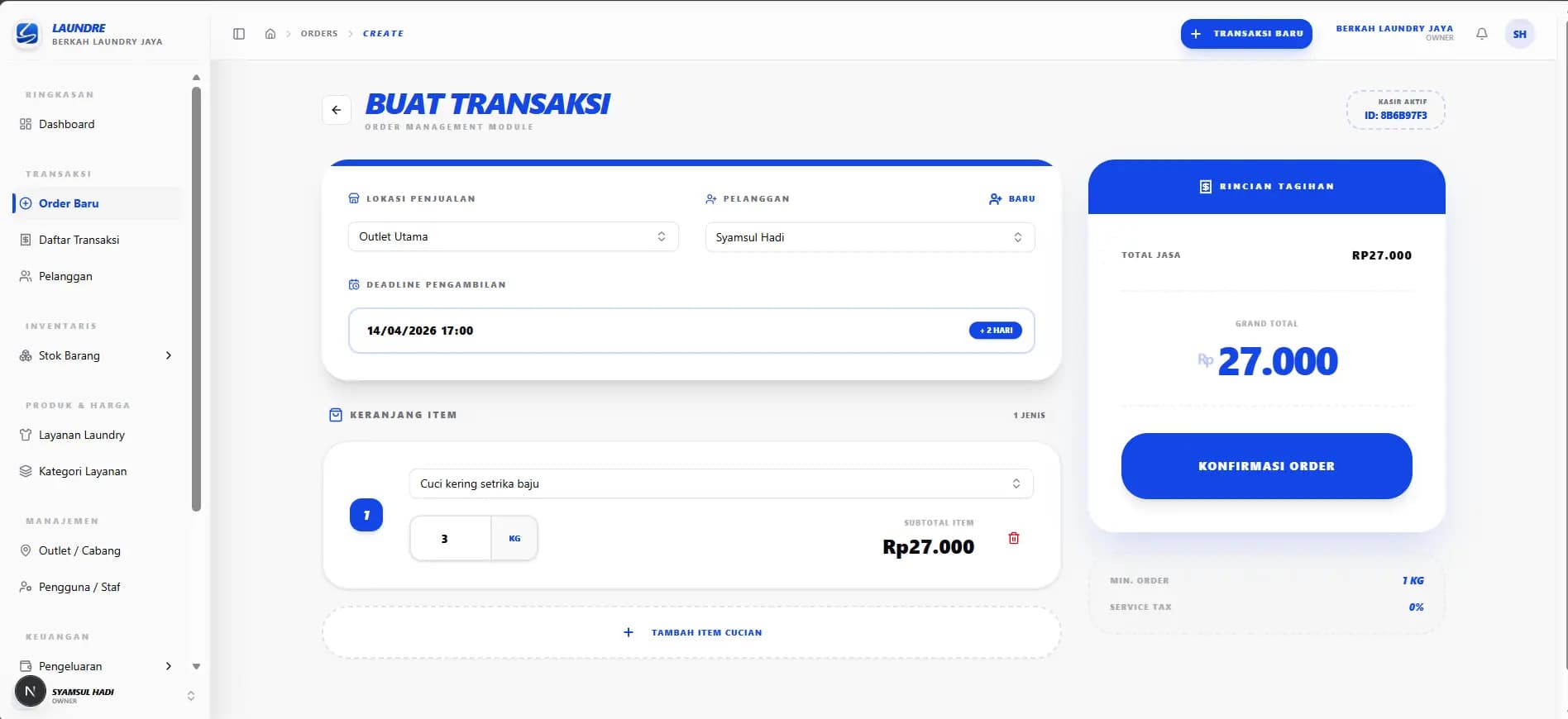 Form tambah order laundre