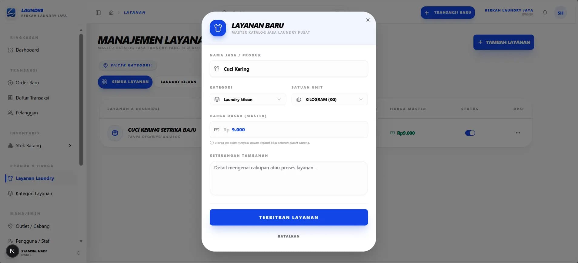 Form tambah layanan laundre